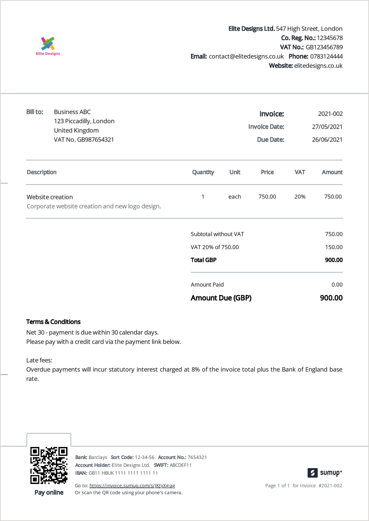 Sample invoice containing late fees created with SumUp Invoices.