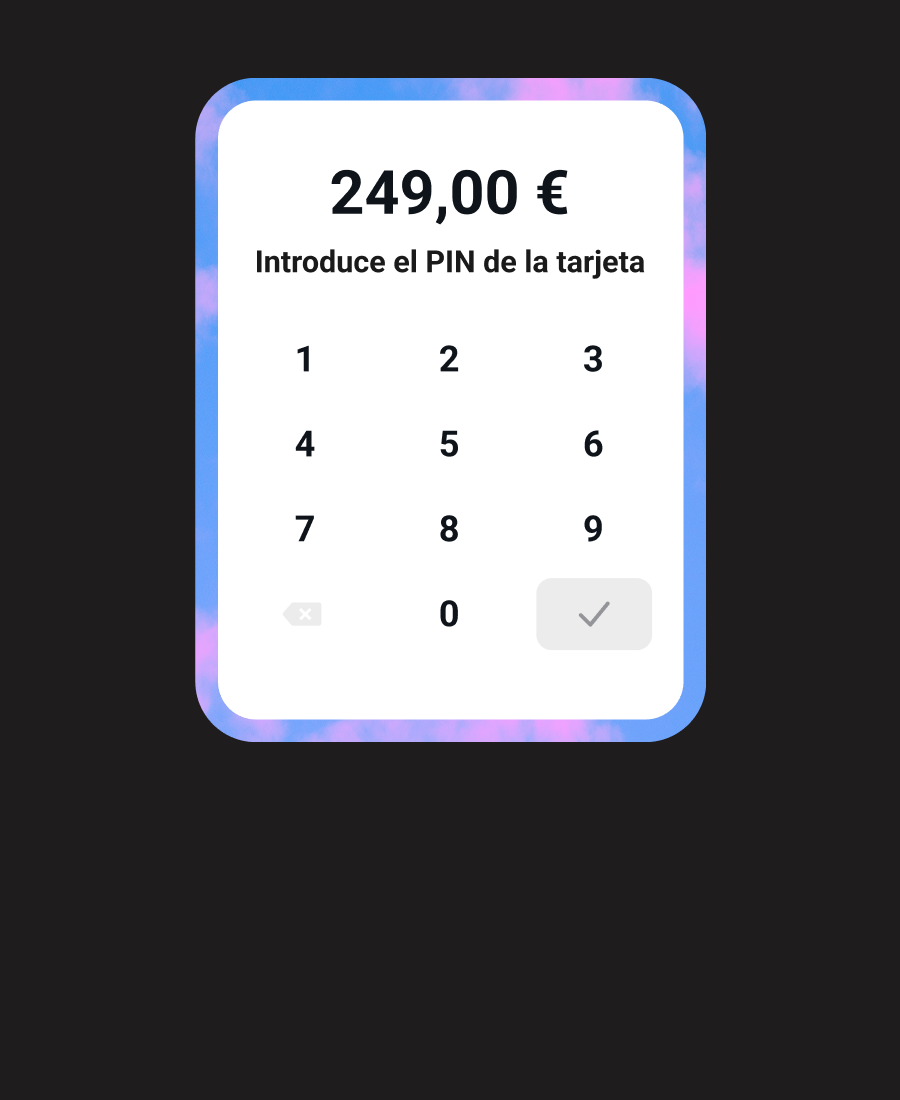 También admite pagos elevados. El sistema simplemente pedirá a tus clientes que introduzcan su PIN para las transacciones que superen los 50 €.