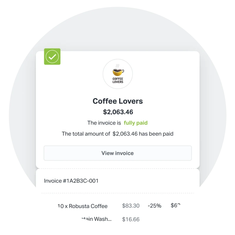 Getting paid is easy with SumUp. When you send an invoice with SumUp Invoices, it can be paid instantly online. This image shows an invoice that has been fully paid.