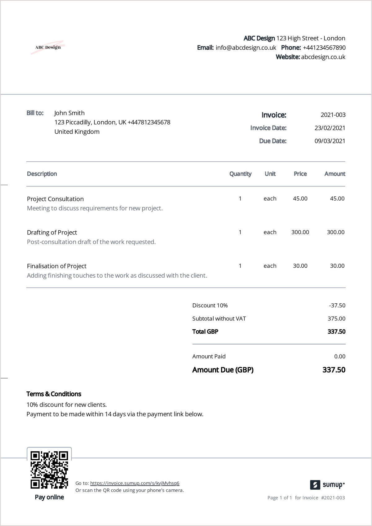 Example of a non-VAT invoice created with SumUp Invoices