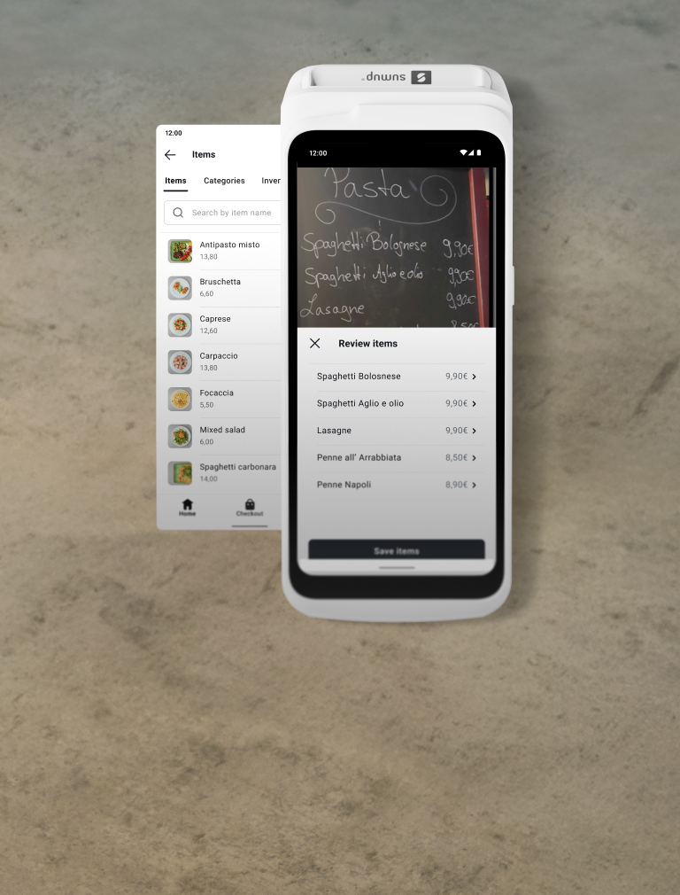 Prenez une photo de votre carte ou de votre liste de prix et laissez l'IA faire le reste. Sa fonction catalogue simple et rapide vous prépare à vendre en un clin d'œil.