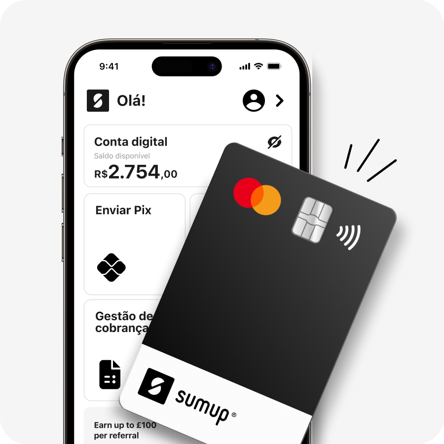 Celular com aplicativo do SumUp aberto e cartão estão juntos para ilustrar as facilidades da conta digital SumUp Bank.