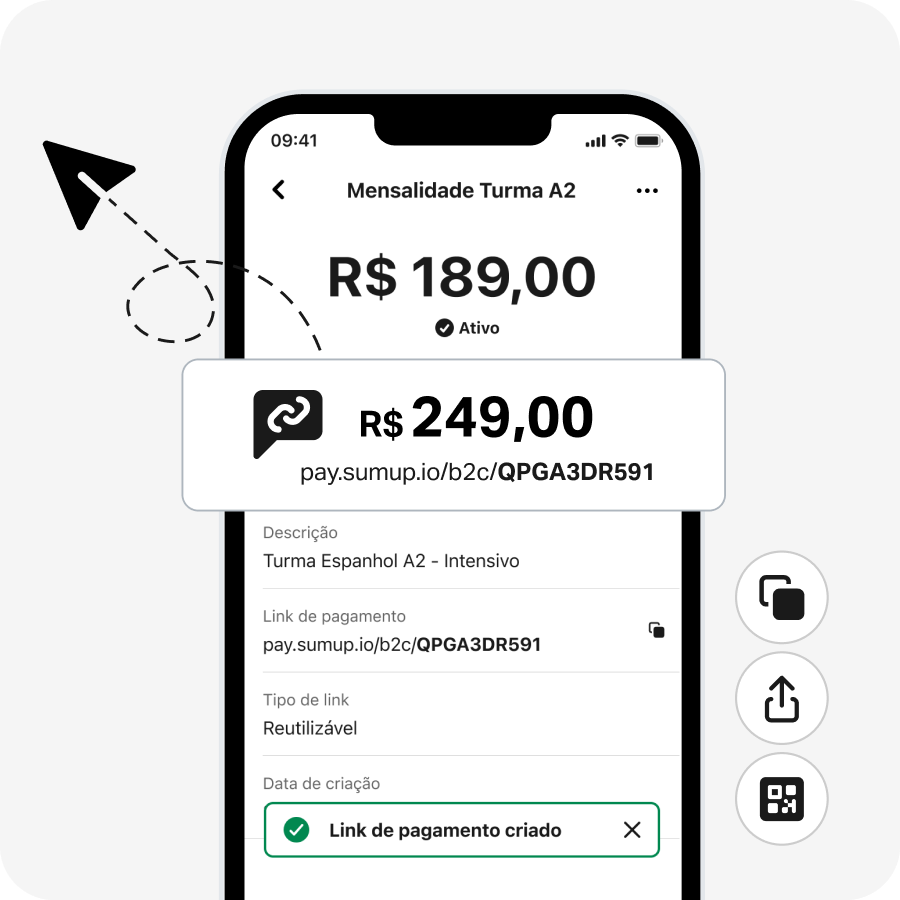 Tela de celular apresentando o link de pagamento grátis da SumUp. Com ele você pode vender pela Internet, pelo Instagram e também pelo WhatsApp.