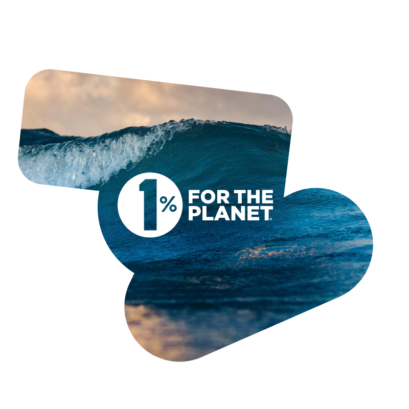Blue waves in the golden light and cloudy sky with 1% for the planet logo.