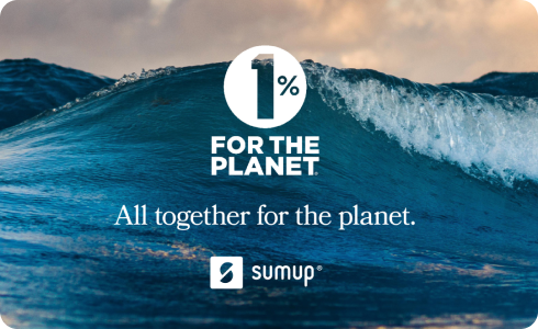 Blue waves in the golden light and cloudy sky with 1% for the Planet logo, the SumUp logo and text saying "All together for the planet"