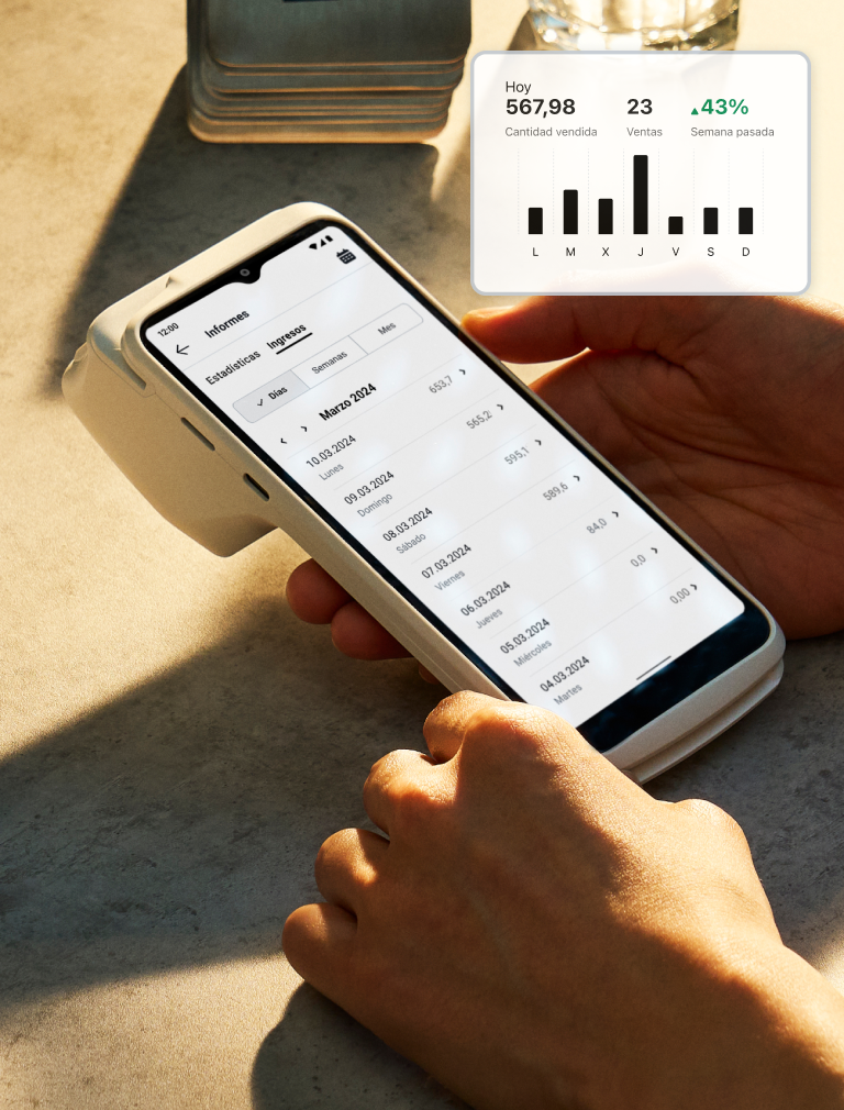 Consulta tus cifras en cualquier momento desde la pantalla de tu dispositivo y simplifica tus declaraciones de IVA con informes descargables.