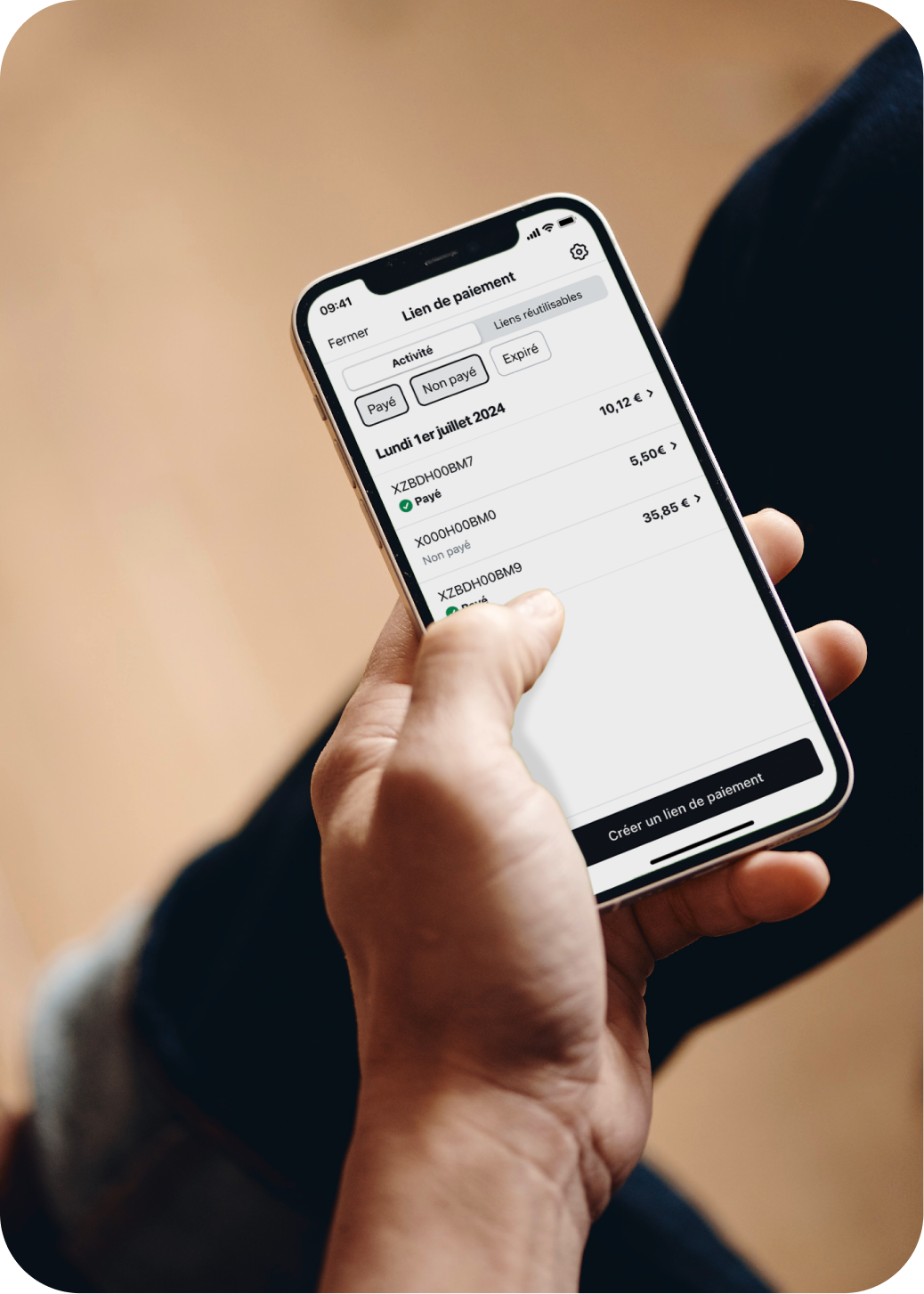 Application SumUp montrant le mode de fonctionnement des paiements par lien.
