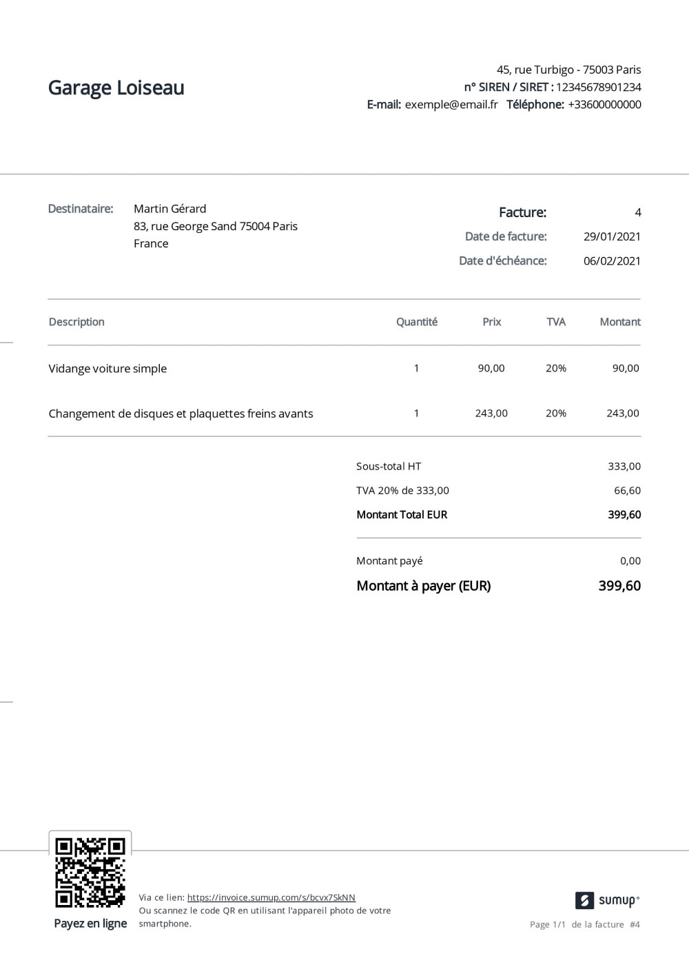 Exemple de facture pour un garage automobile réalisée avec le logiciel de facturation Sumup Factures.