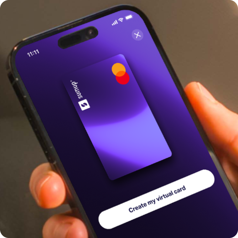 Hand holds smartphone displaying SumUp Pay app with purple virtual Mastercard preview and white button labeled "Create my virtual card".