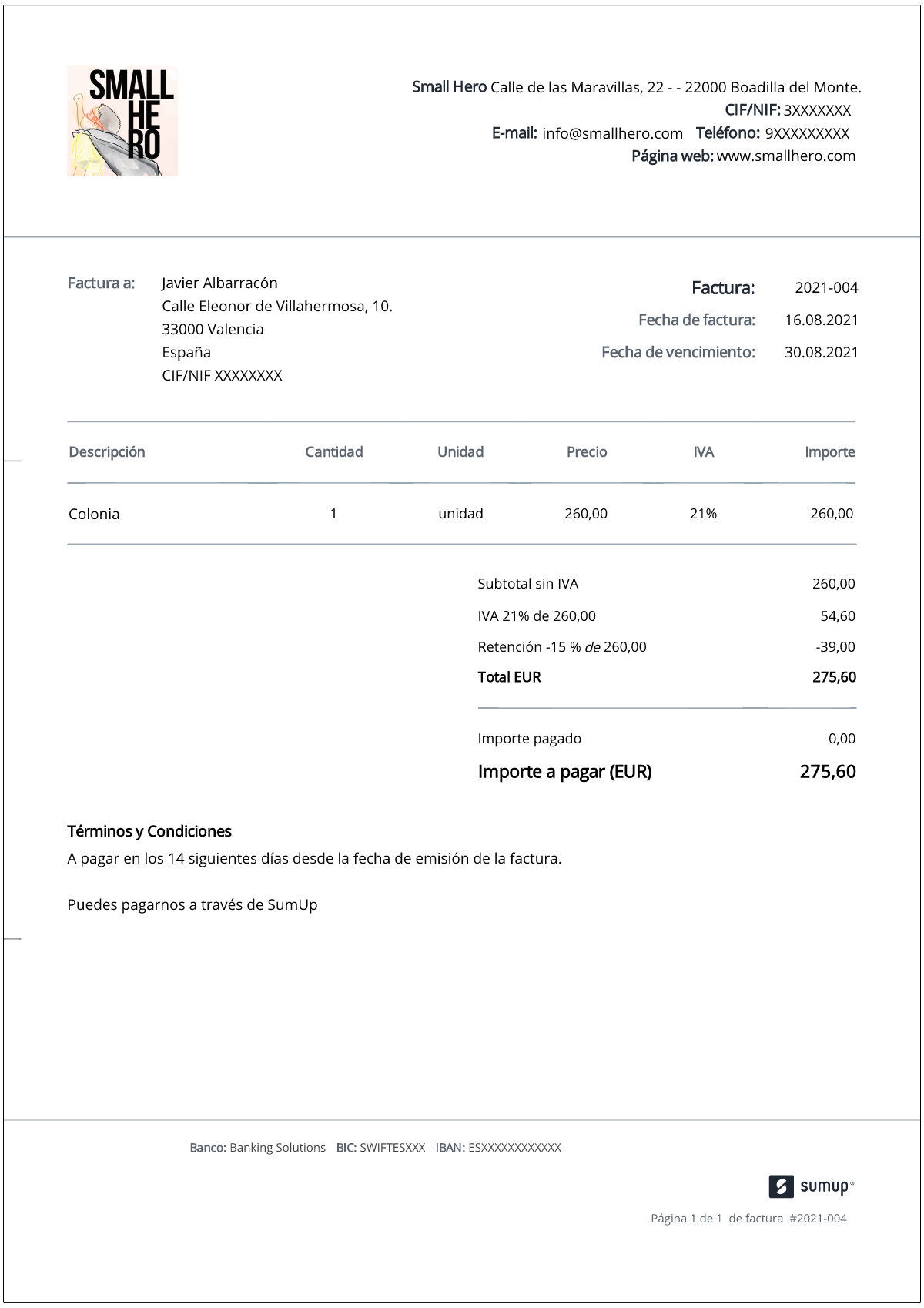 Ejemplo de una factura de retención realizada con el programa de facturación SumUp Invoices