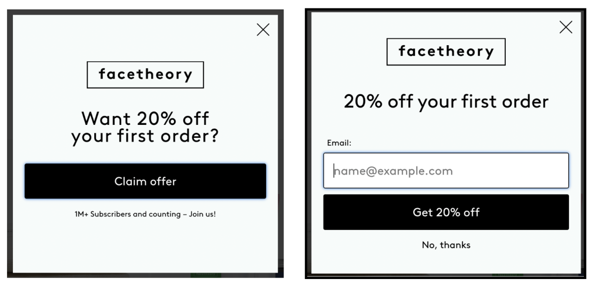 Facetheory Skincare - email marketing, special first-order discounts, and social proof through reviews and testimonials