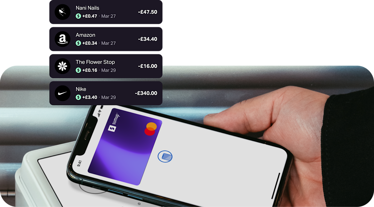 Person holding a phone with the SumUp Pay Mastercard open. They are tapping the card against a white card reader. Above this are four push notifications showing the cashback a user has earned