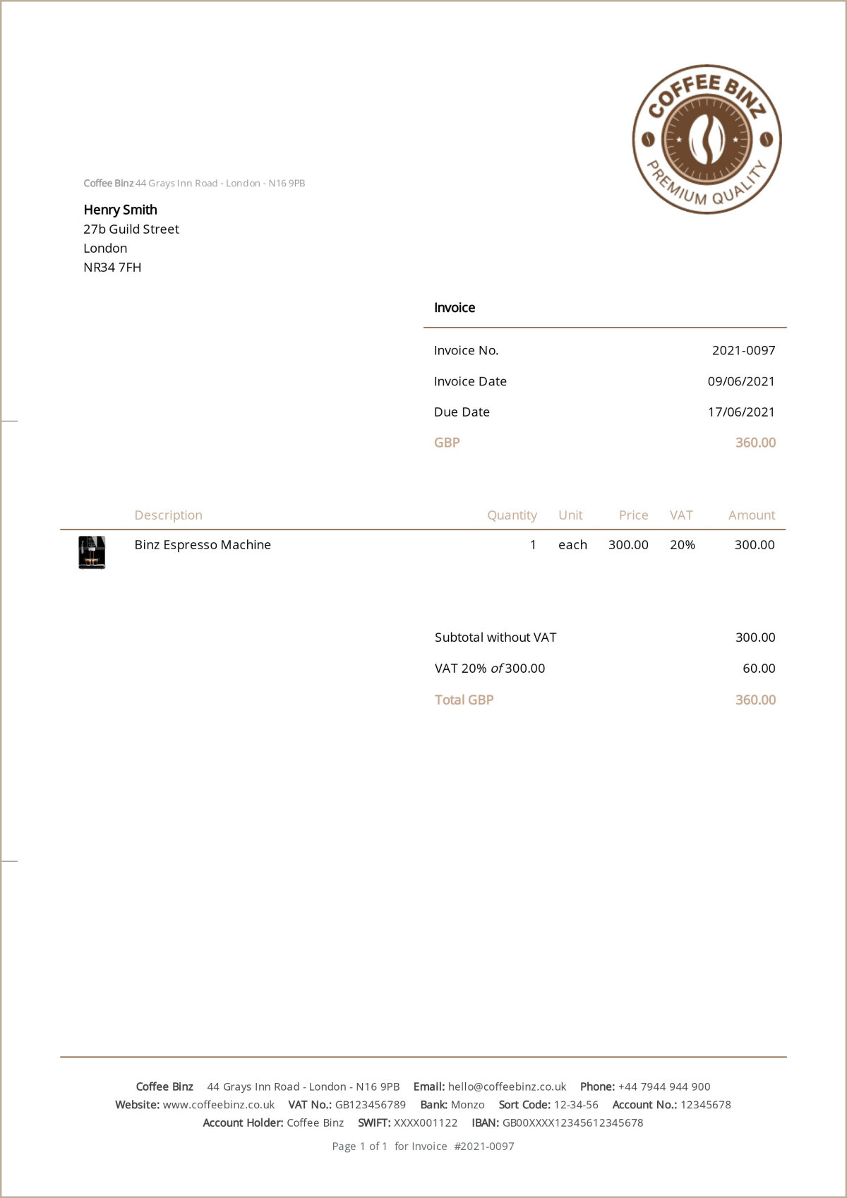 Sample invoice with prices shown in net pricing format.