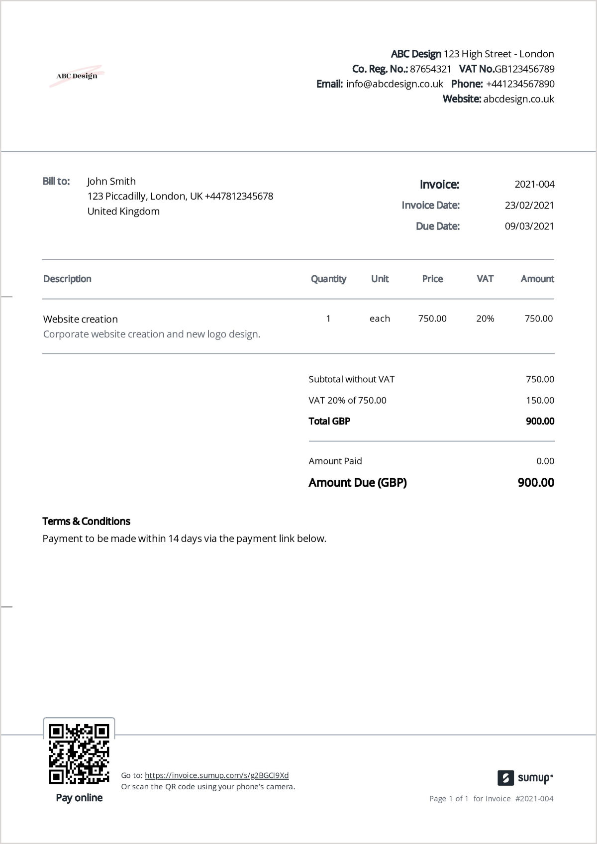 Example of a VAT invoice created using SumUp Invoices