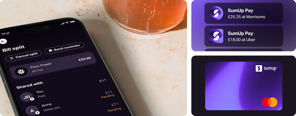 Collage: 1) SumUp Pay app bill-split screen showing shared cost and payment statuses; 2) two SumUp Pay purchase notifications (£25.25 at Morrisons, £18 at Uber); 3) purple SumUp Pay virtual Mastercard.