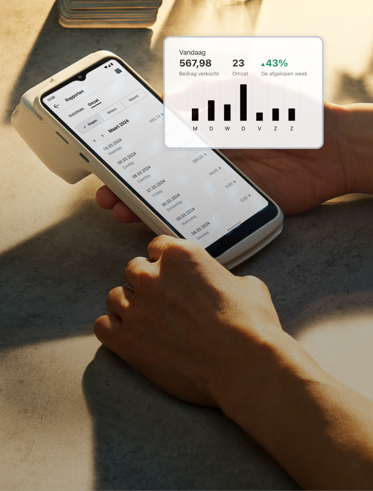 Houd uw statistieken altijd in beeld op het display van uw Terminal en download rapporten voor een eenvoudige belastingaangifte.