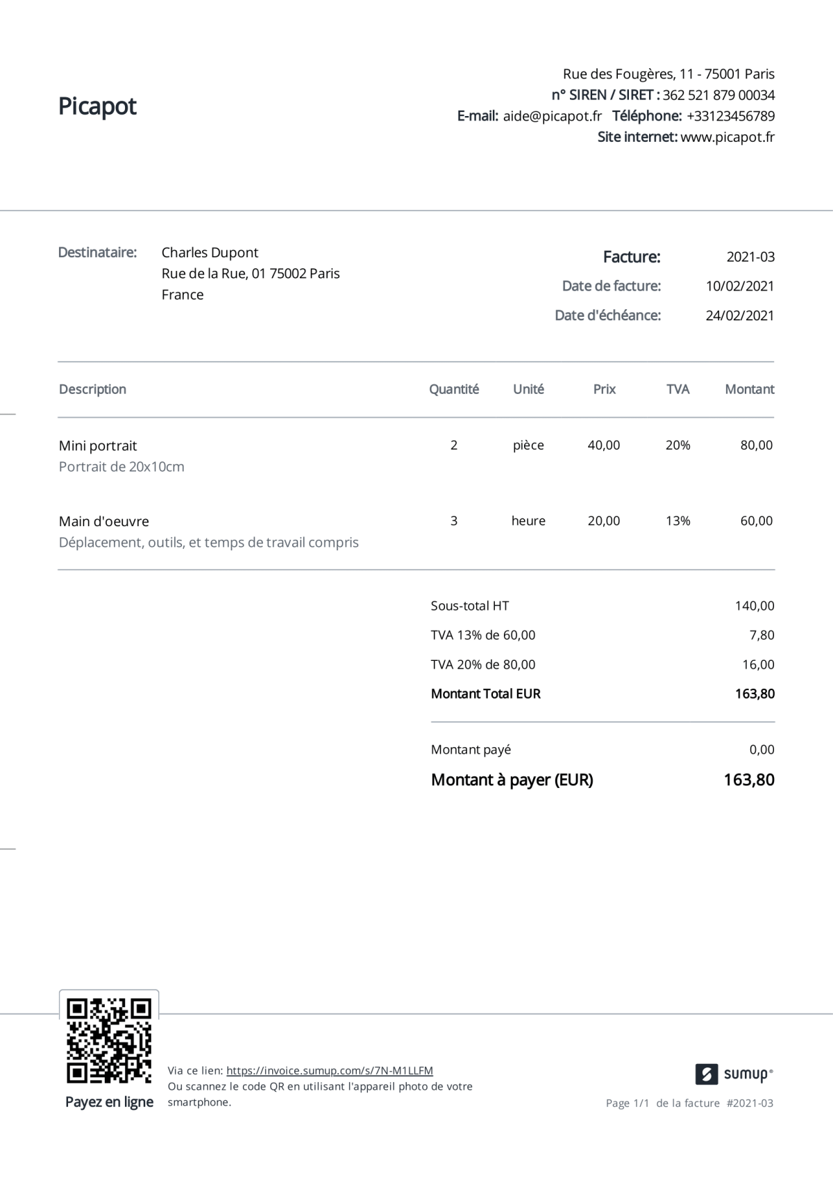 Exemple de facture avec taux de TVA différents créée avec SumUp Factures