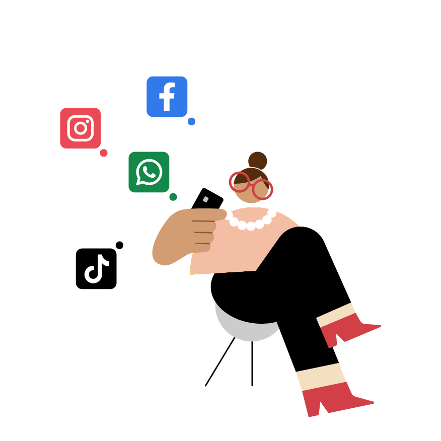 Na ilustração vemos o desenho de uma mulher sentada em uma cadeira e os ícones das redes sociais (Facebook, WhatsApp, Instagram e TikTok), representando que é possível vender direto pelo WhatsApp e redes sociais
