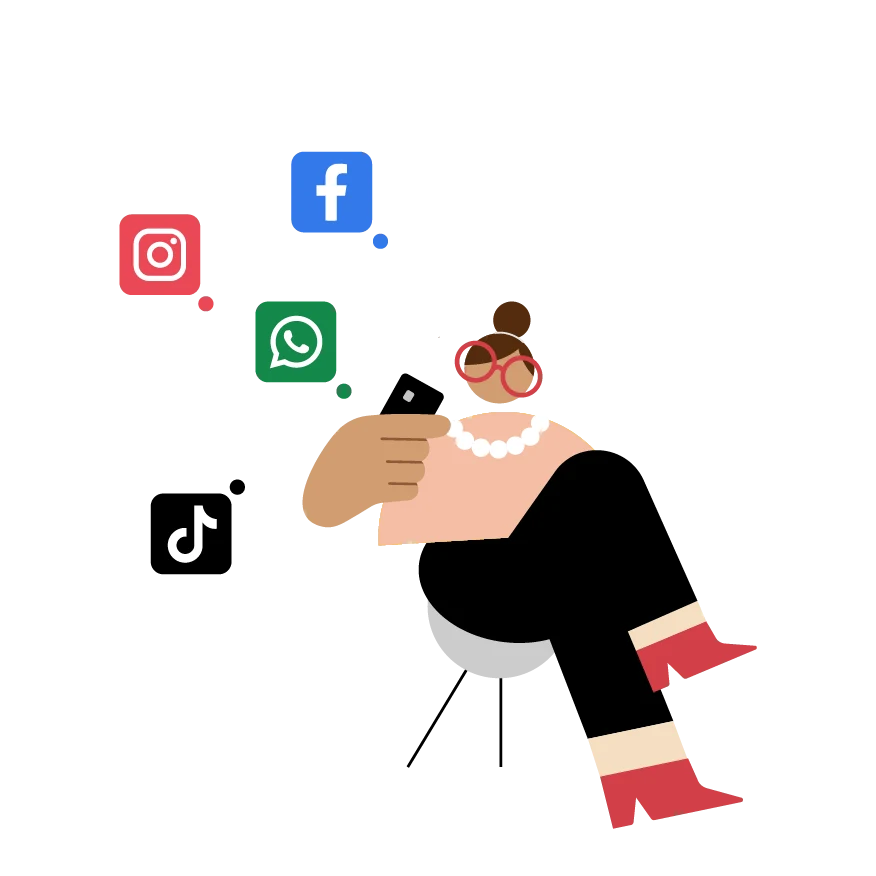 Na ilustração vemos o desenho de uma mulher sentada em uma cadeira e os ícones das redes sociais (Facebook, WhatsApp, Instagram e TikTok), representando que é possível vender direto pelo WhatsApp e redes sociais
