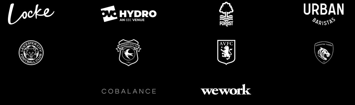Collection of logos: Cobalance, Hydro, Nottingham Forest, WeWork, Leicester City Football Club, Leicester Tigers, Locke Hotels, Cardiff City FC, AVFC, Urban Baristas