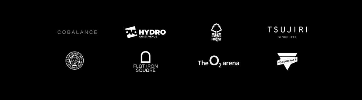 Collection of logos: Cobalance, OVOHydro, Nottingham Forest, Tsujiri, Leicester City Football Club, Flat Iron Square, the O2 arena, Voodoo Ray's