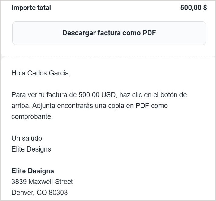 Example of how SumUp Invoices translated your invoice email to Spanish.