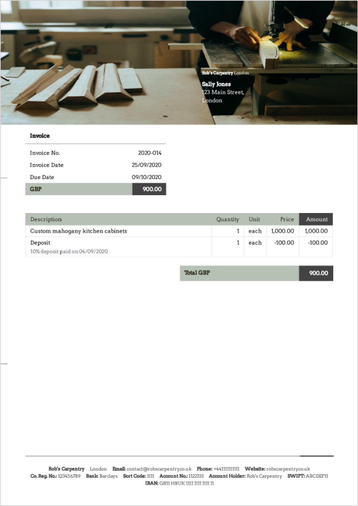 This is an example of a finalised invoice with a record of a pre-paid deposit.