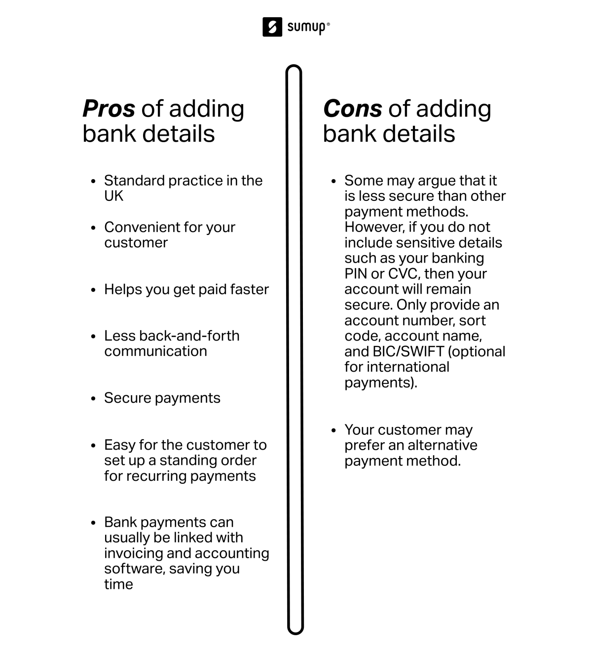 List showing the pros and cons of adding bank details to your invoices.