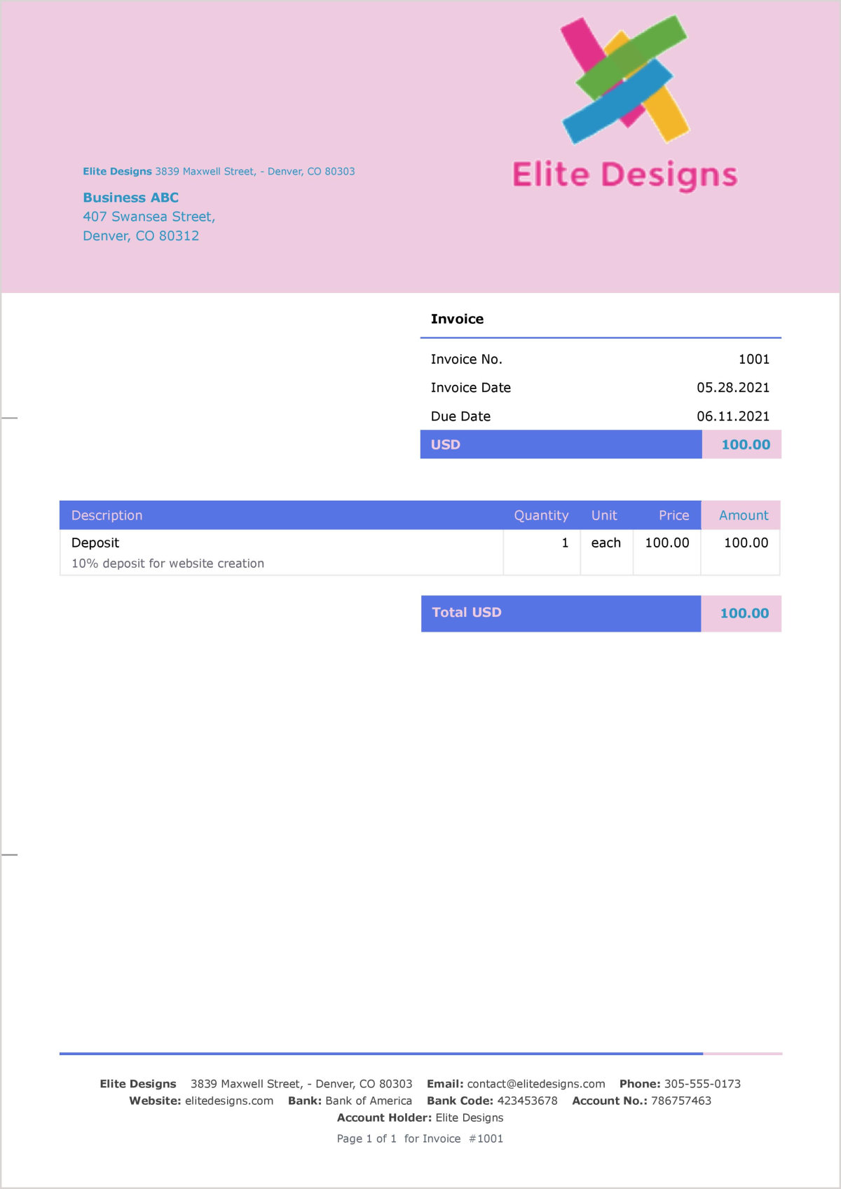 Example of an initial deposit invoice.