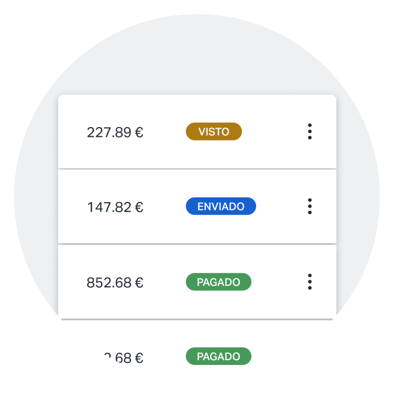 Captura de pantalla que muestra diferentes estados de facturas a medida que aparecen en la app de SumUp Facturas, lo que facilita poder ver rápidamente qué facturas han sido pagadas, enviadas, vistas, etc.