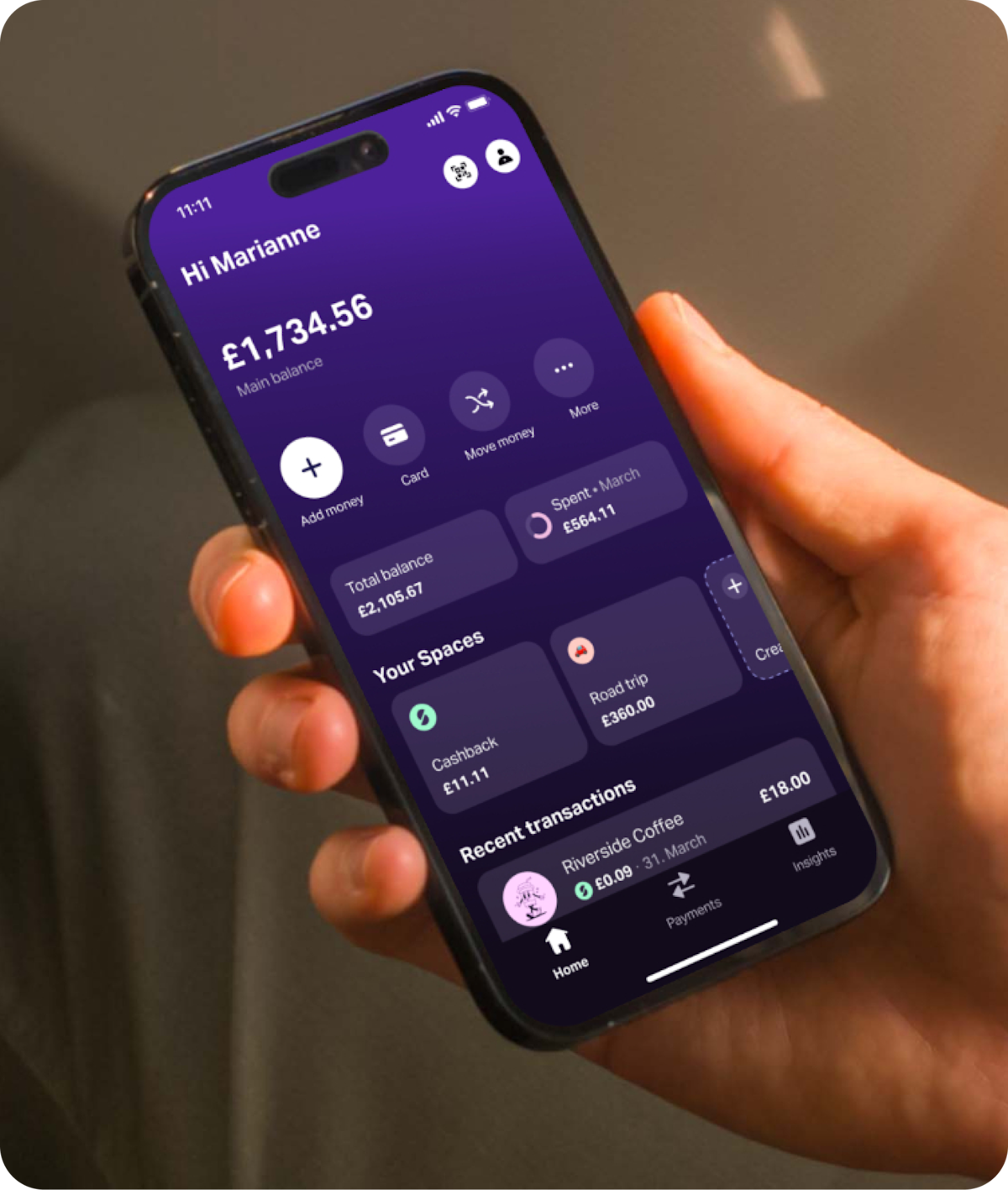 Passenger in an airplane window seat checks the SumUp Pay app on their phone, viewing balance and recent transactions.