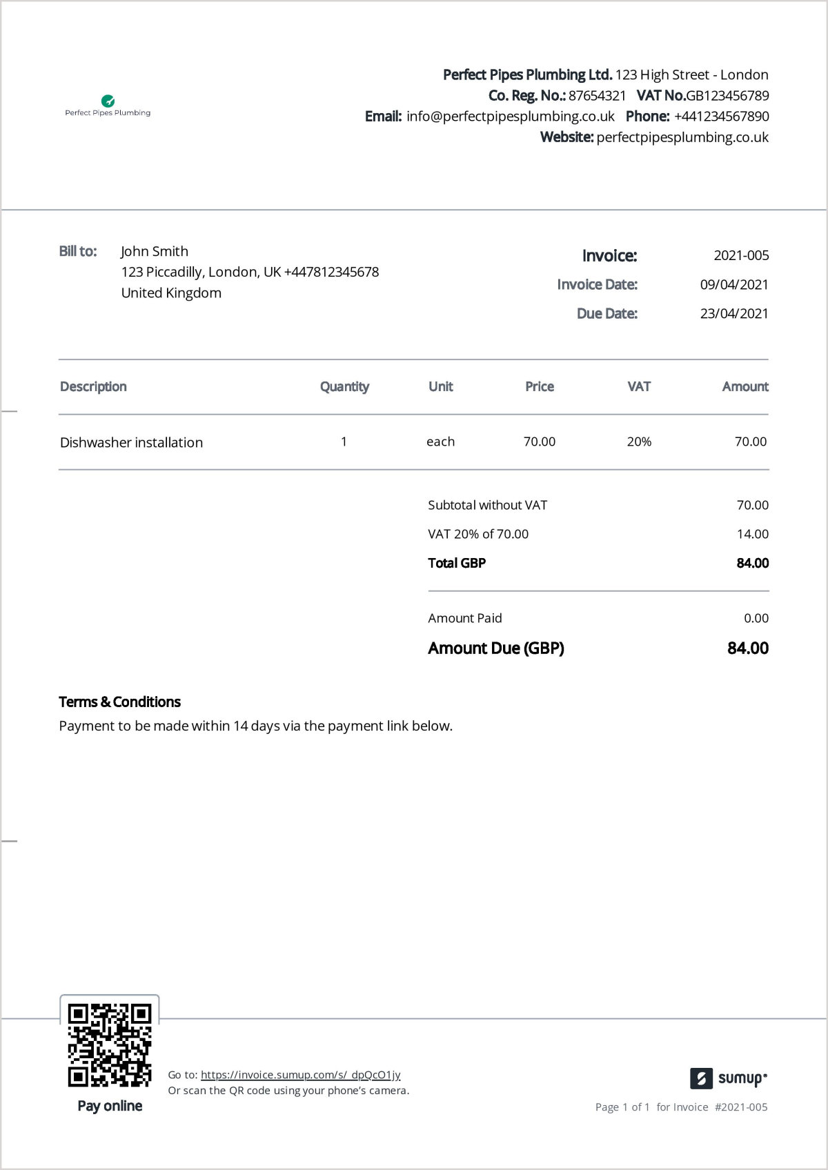 Sample plumbing invoice created with SumUp Invoices.
