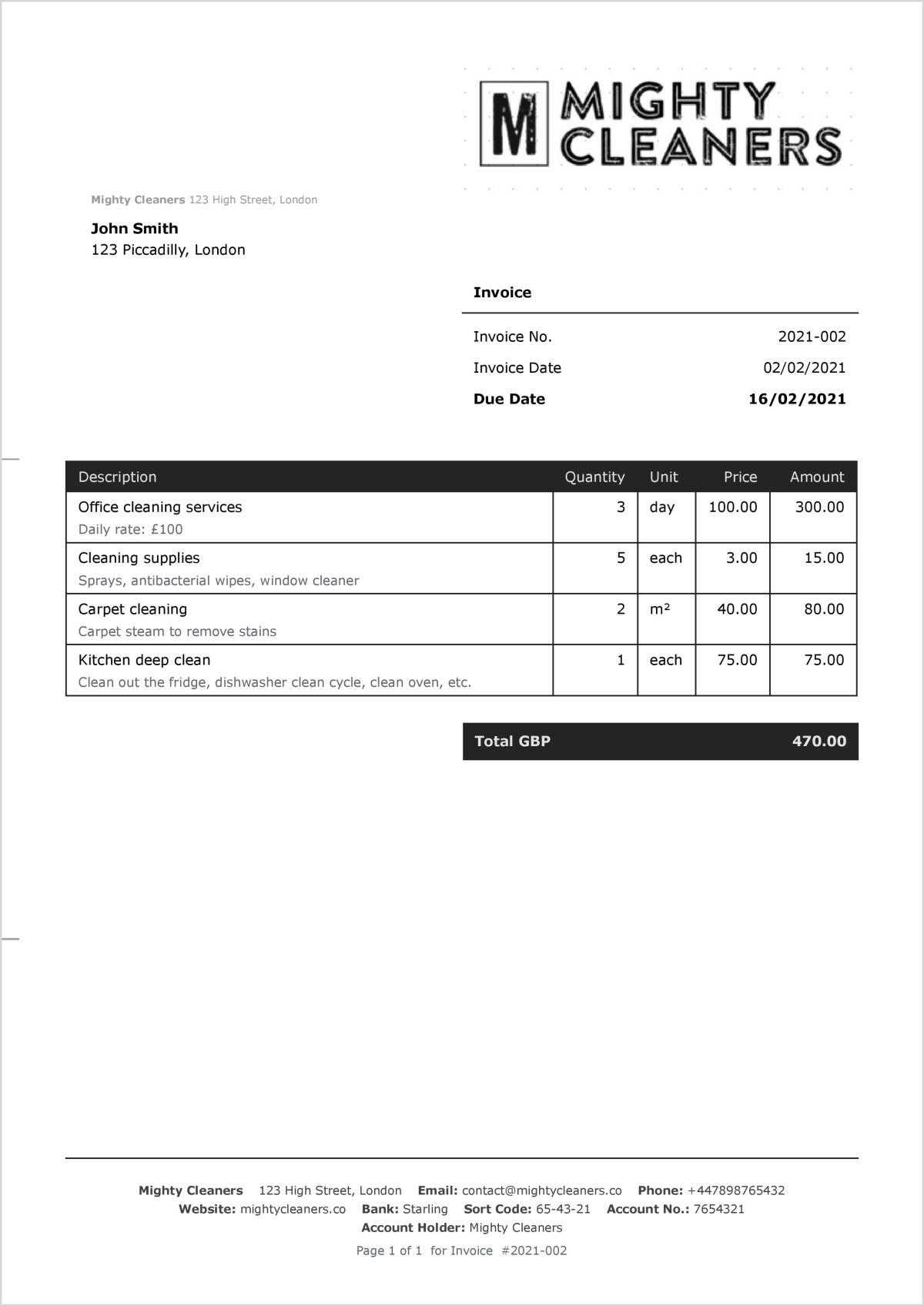 Example of an invoice for a cleaning business.
