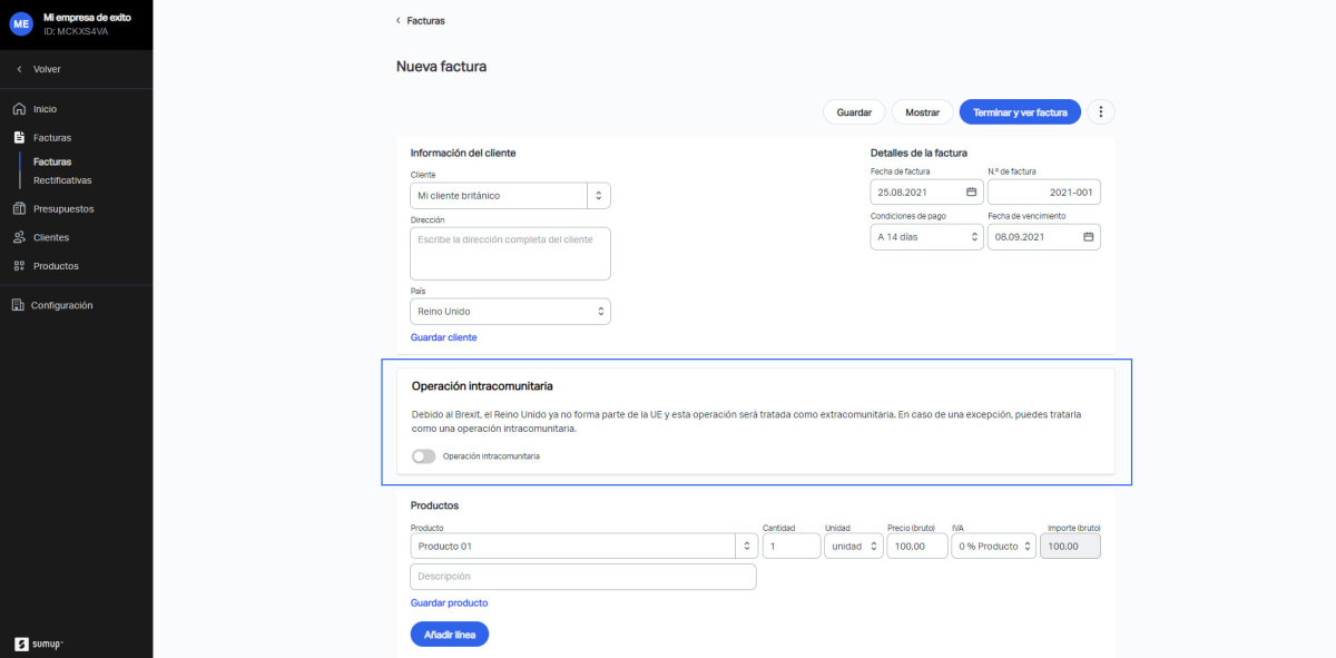 Cómo aplicar el IVA intracomunitario en el programa de facturación de SumUp Facturas.