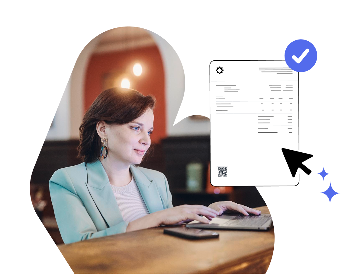 Woman typing on laptop with an invoice icon next to her with a checkmark.