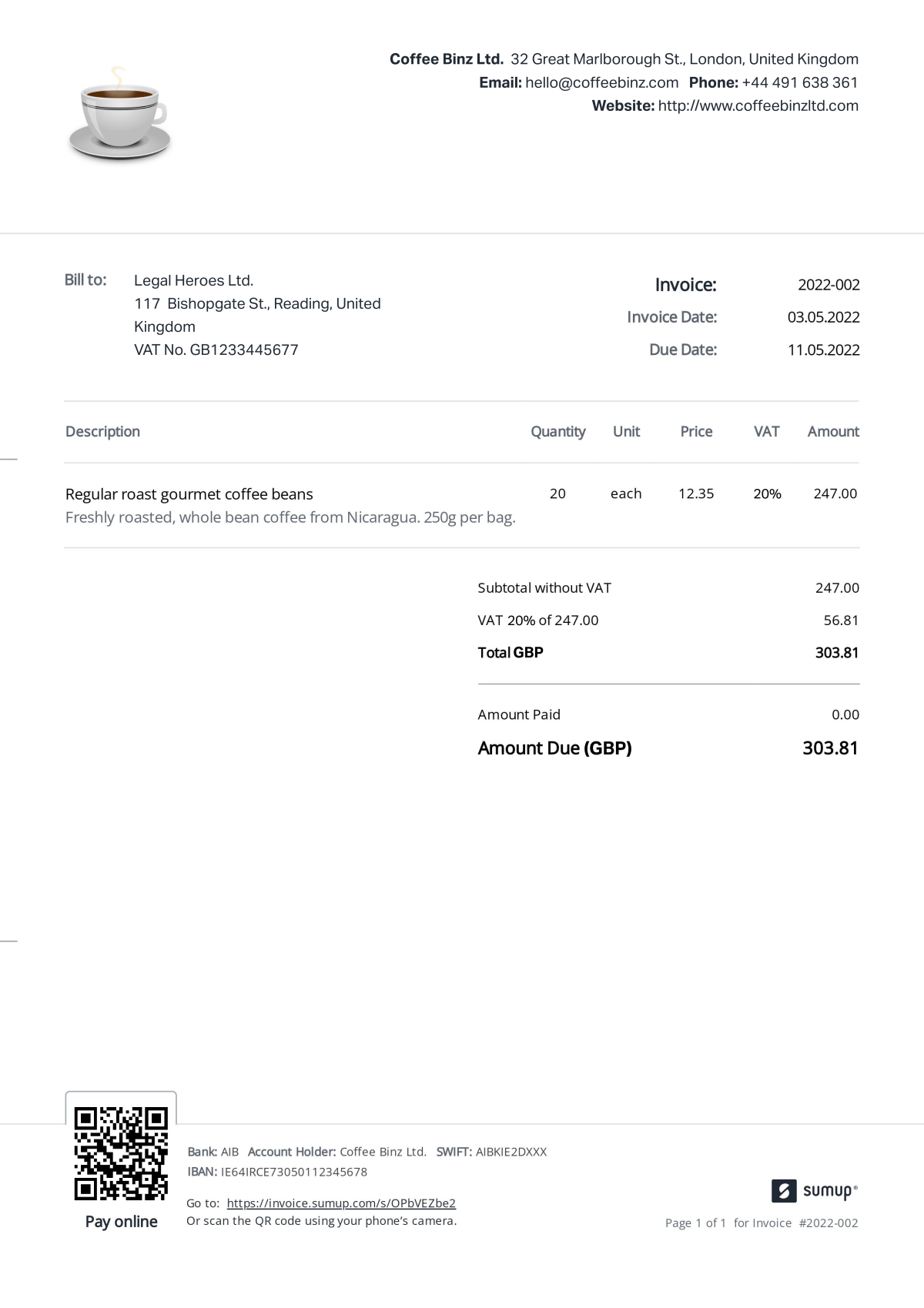 Sample invoice for a coffee shop
