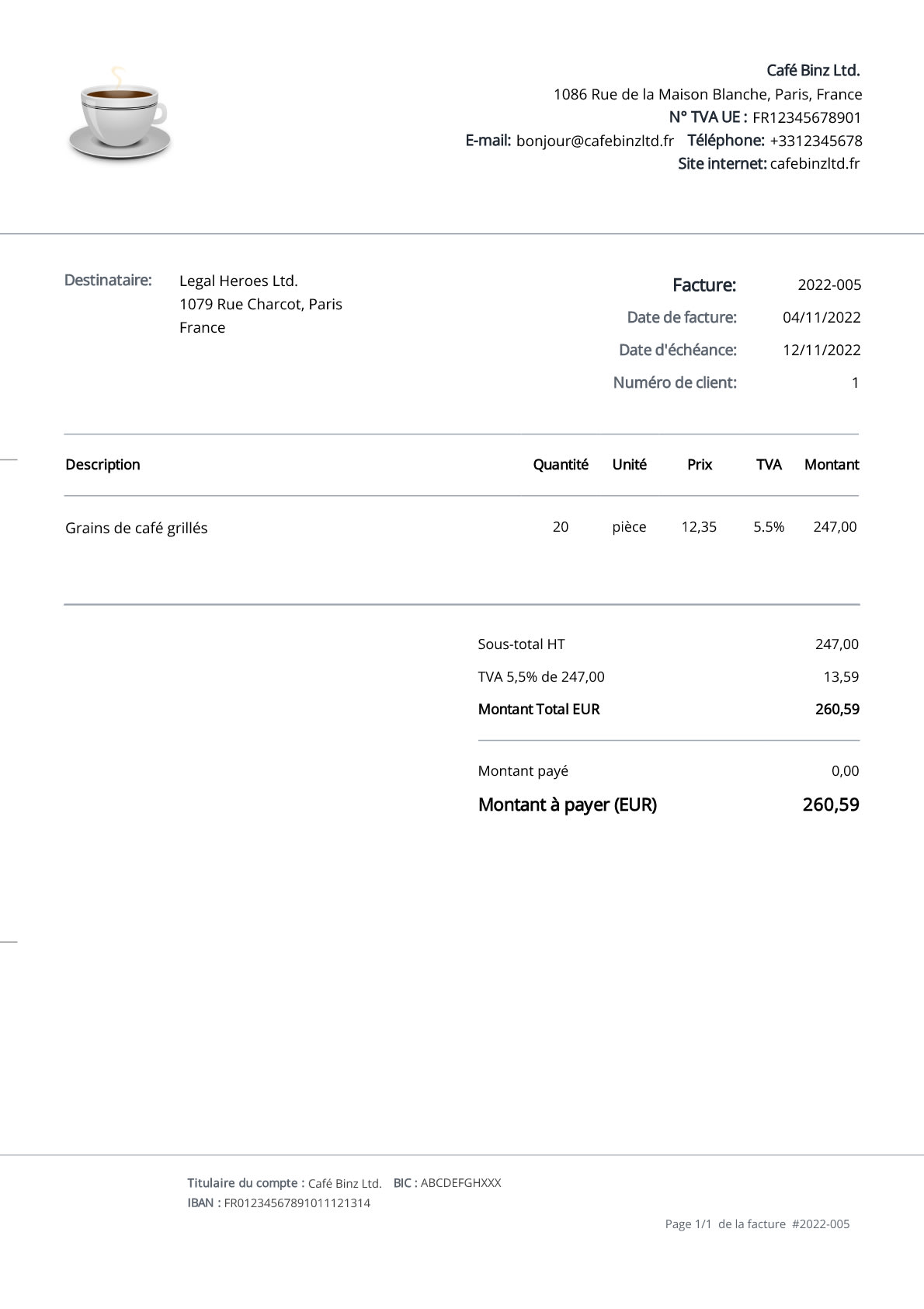 Sample invoice for a coffee shop