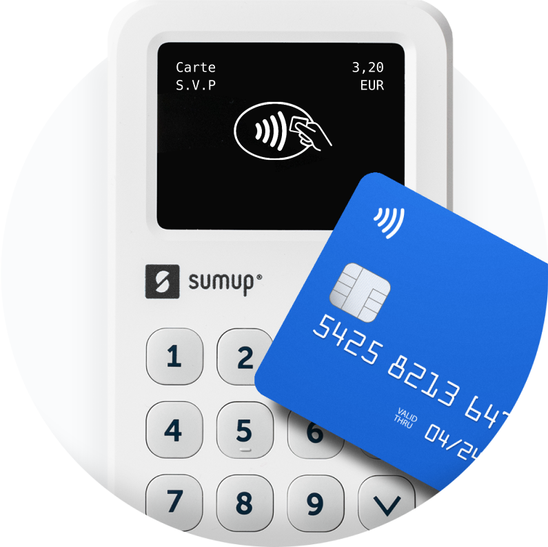 A payment card hovers over the SumUp 3G card reader