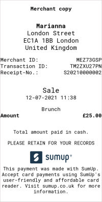Sample receipt issued with SumUp.