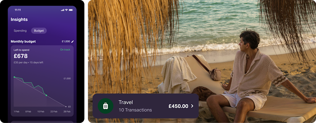 Split view: SumUp Pay app shows a purple “Insights” screen with budget graph and travel spend £450, while a person relaxes on a beach lounger by the sea—highlighting spending insights on holiday.