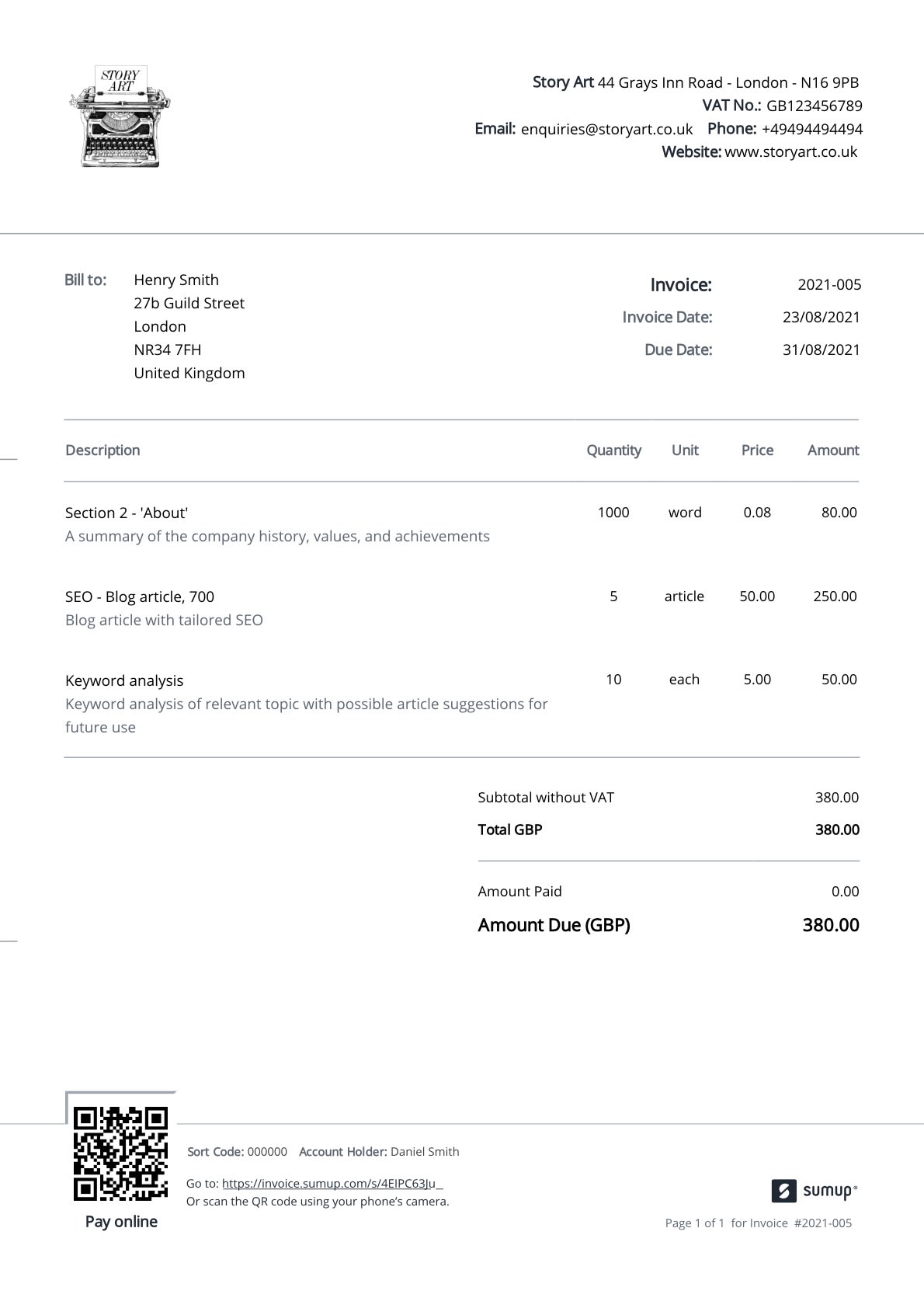 An example of a customised invoice for a freelance copywriter