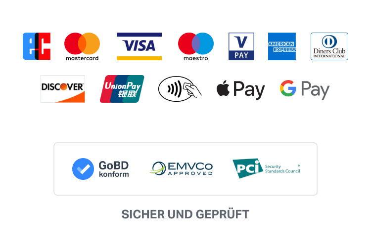 sumup zahlungsmethoden: ec, mastercard, visa, maestro, vpay, american express, diners club, discover, union pay, nfc, apple pay, gpay. Gobd konform, sicher und gerpueft.