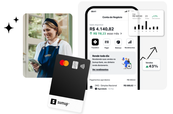 Tela de celular exibindo o aplicativo da conta digital SumUp com a funcionalidade de relatório de vendas, mostrando o fluxo de caixa e aumento de 43% nas vendas, cartão SumUp ao lado e comerciante sorrindo enquanto usa o celular.