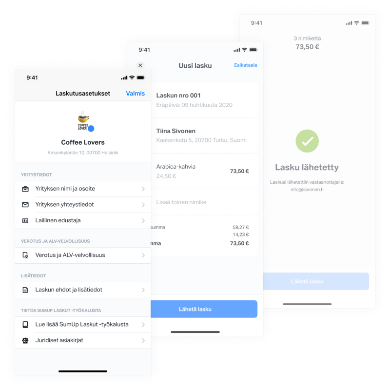 SumUp Invoices ensures that your invoice meets all local legal requirements so that you don’t have to worry. This image shows an invoice has been successfully sent with SumUp Invoices.