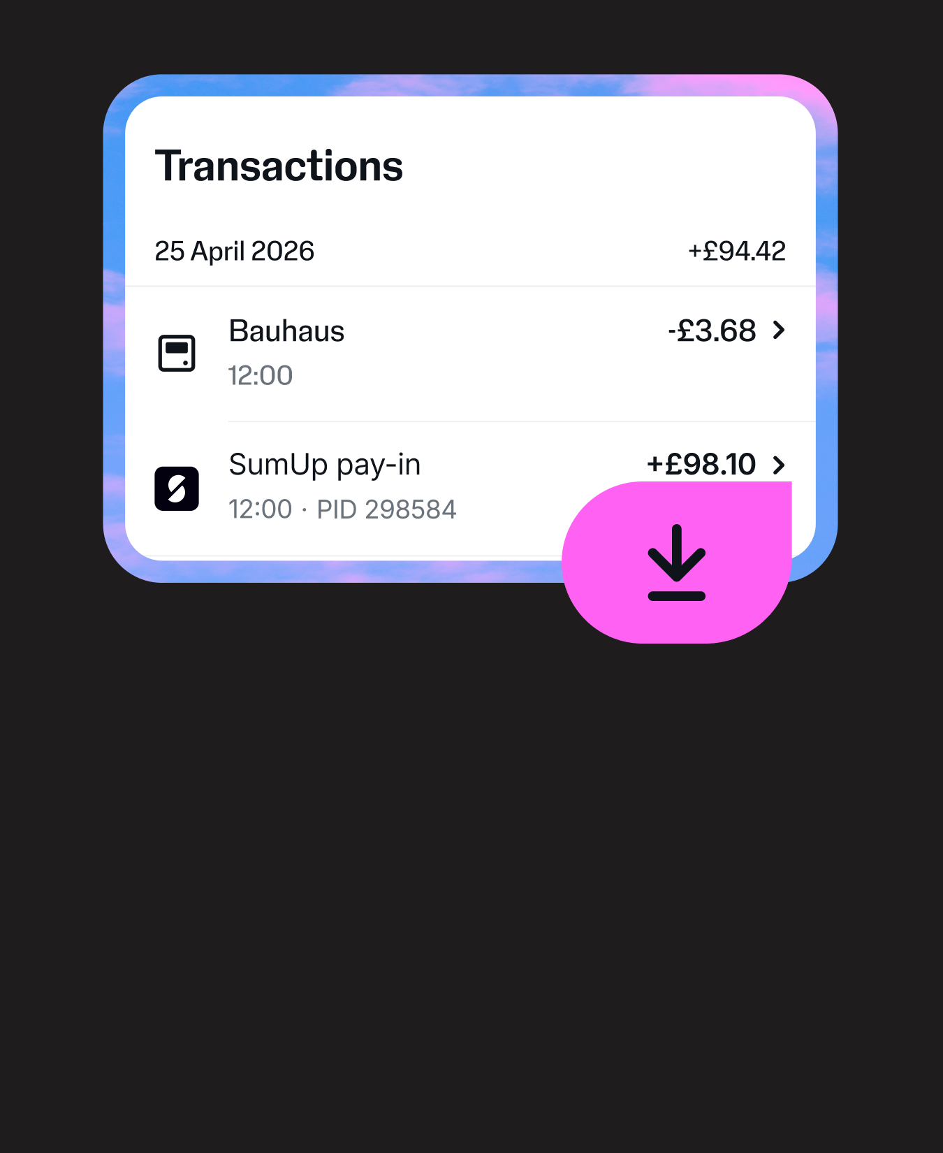 Image of a screen of the SumUp app showing outgoing transactions, surrounded by a pink and blue border