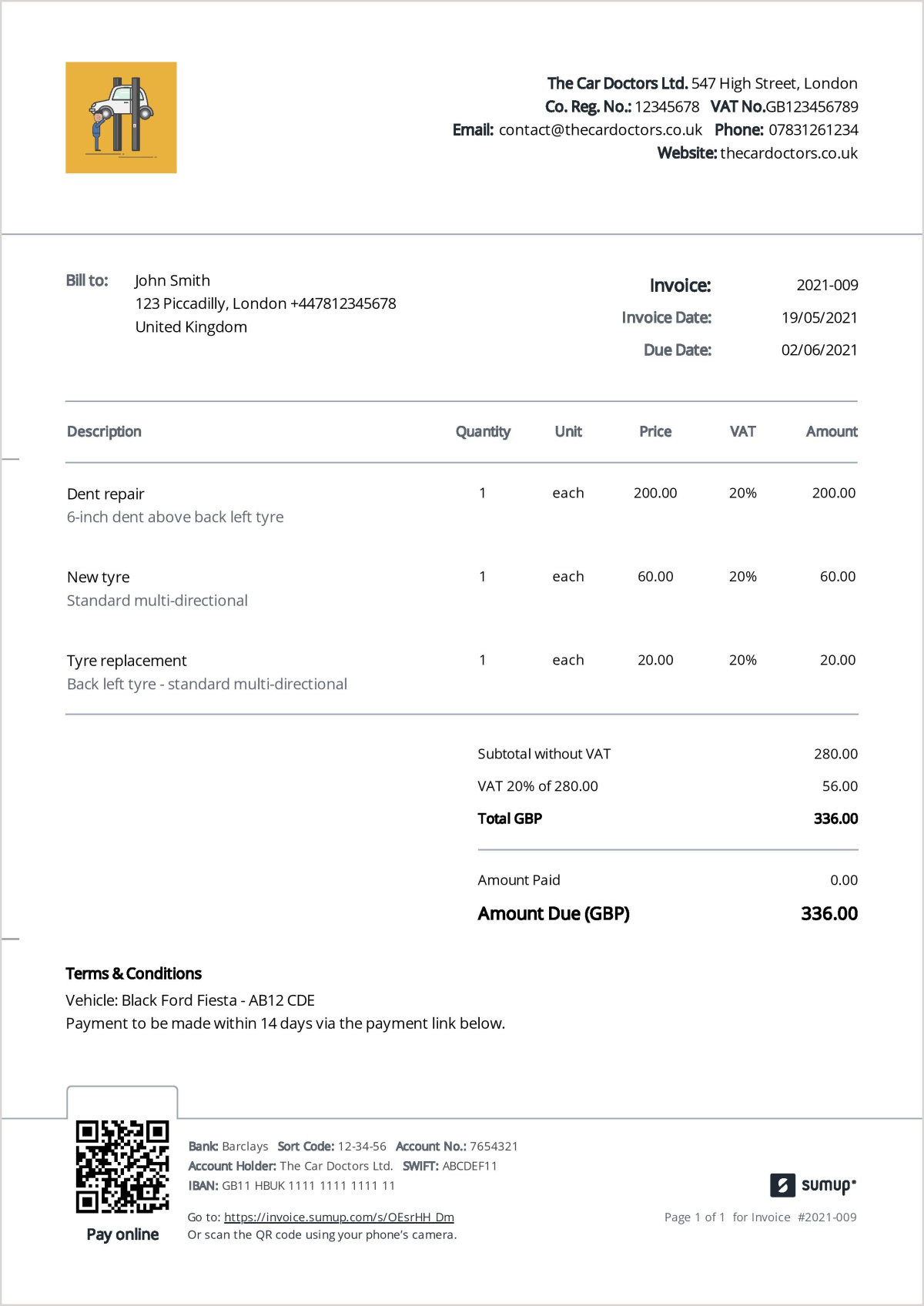 Sample garage invoice created with SumUp Invoices