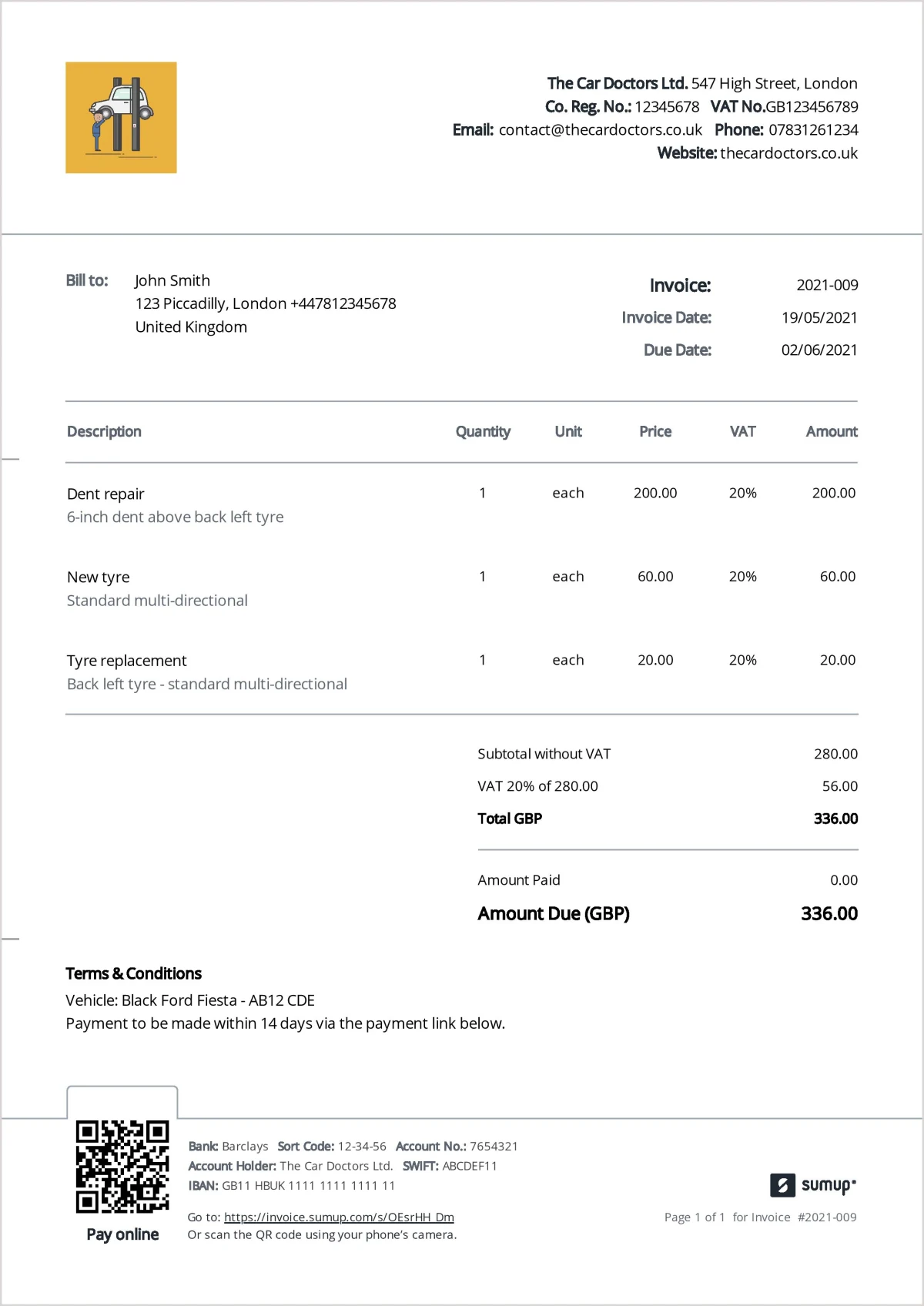Invoice templates for auto garages  SumUp Invoices Within Garage Repair Invoice Template