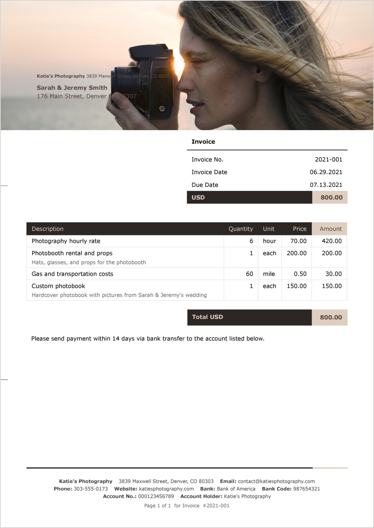 Sample photography invoice
