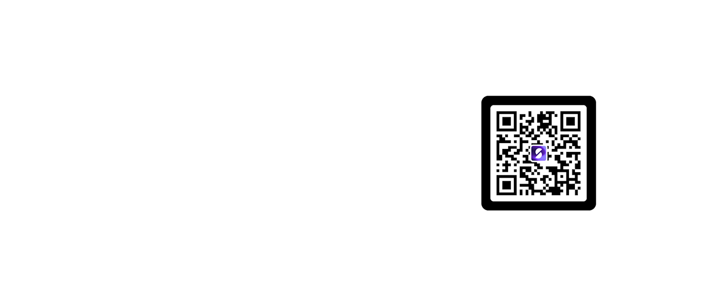 A black banner with a black and white square. In the centre of the QR code square is a purple logo. The logo is an S, made up of two white half circles