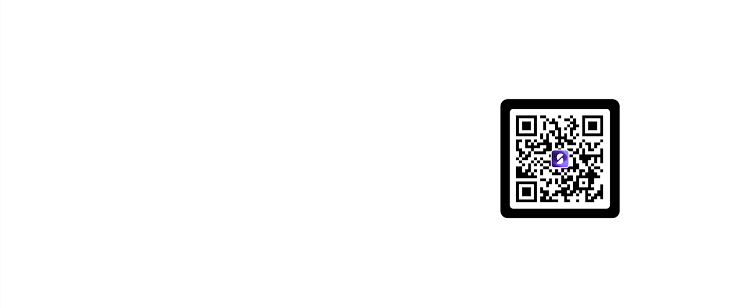 A black banner with a black and white square. In the centre of the QR code square is a purple logo. The logo is an S, made up of two white half circles